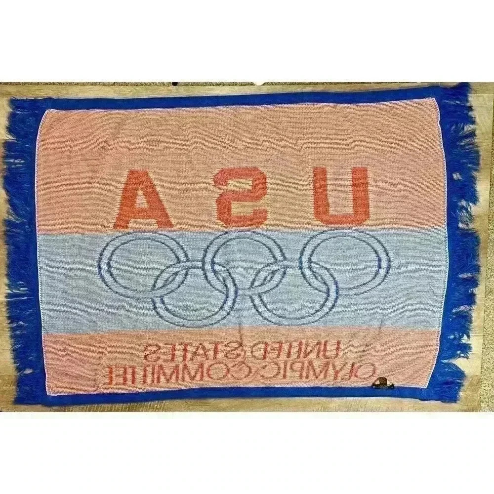 Vintage Logo Knits US Olympic Committee Throw Fringe Blanket 46”x37” Made In USA - Picture 2 of 3